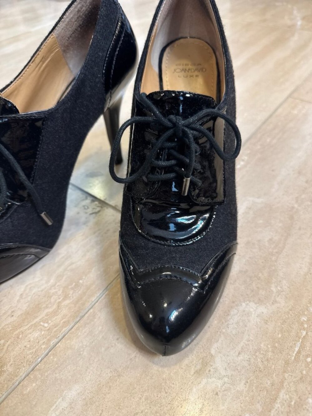 Circa Joan & David Luxe Textile + Patent Leather Oxford Stilettos, sz 10